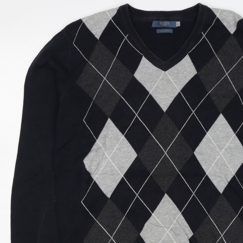 Atlantic Bay Men Black Grey Argyle V-Neck Cotton Jumper L