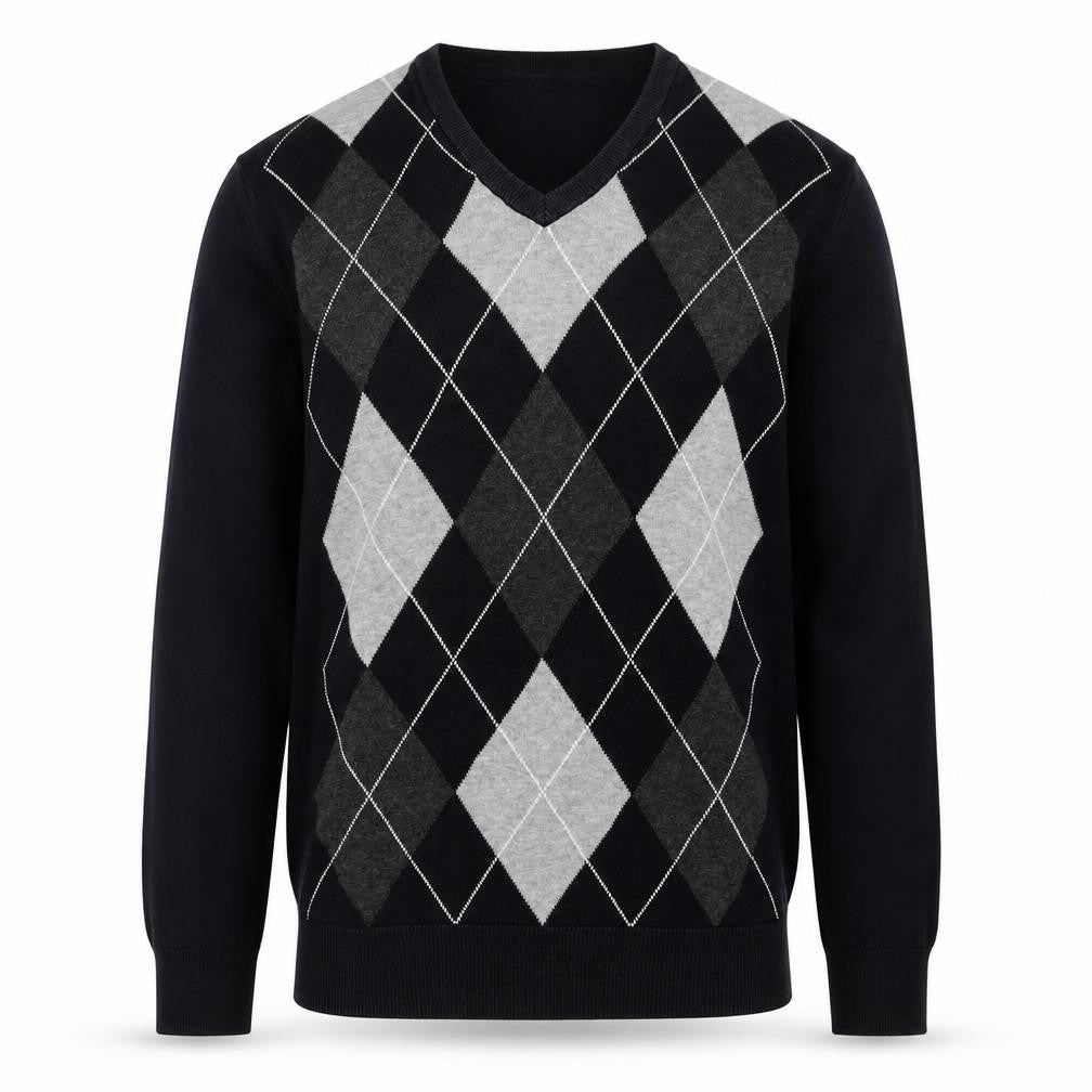 Atlantic Bay Men Black Grey Argyle V-Neck Cotton Jumper L