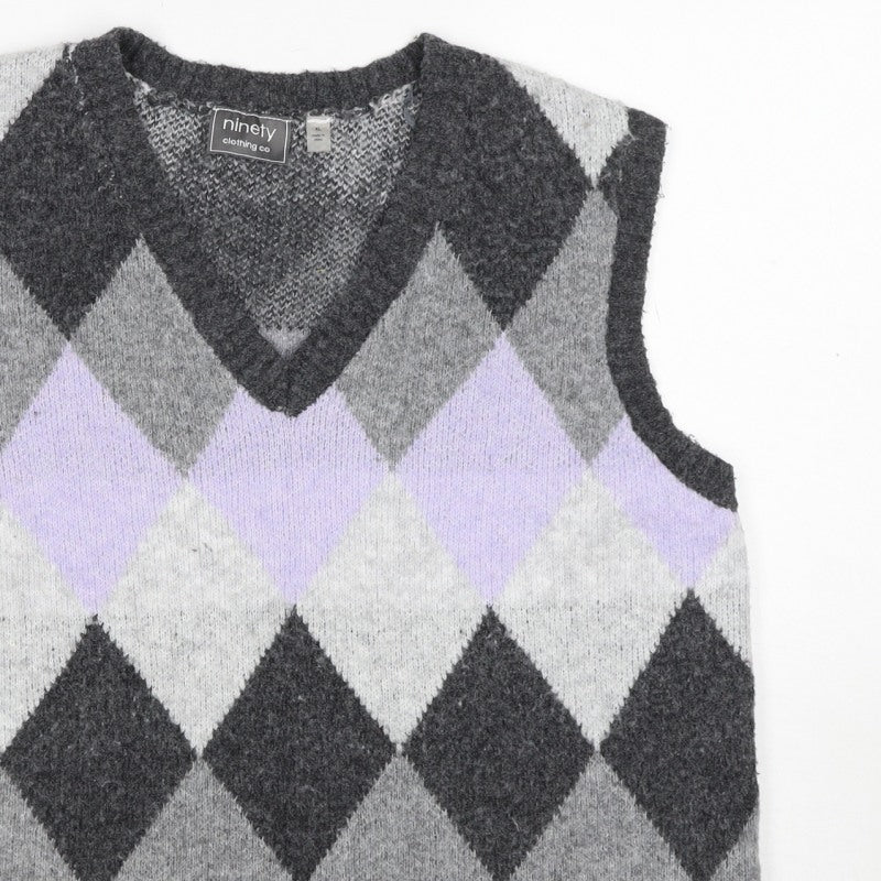 Ninety Clothing Co Women Grey Argyle Knit Vest XL Sleeveless Jumper