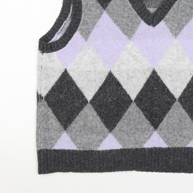 Ninety Clothing Co Women Grey Argyle Knit Vest XL Sleeveless Jumper