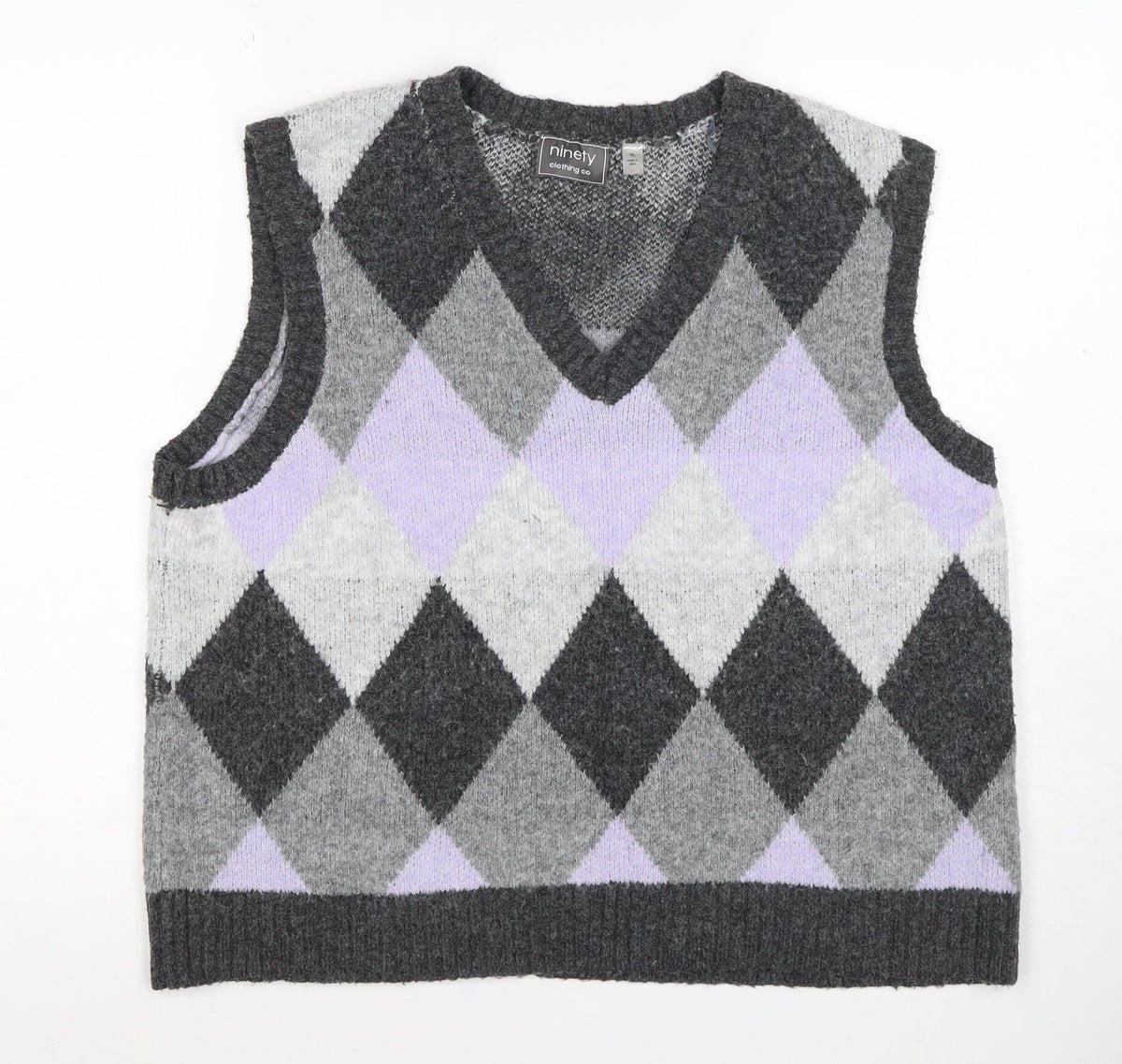 Ninety Clothing Co Women Grey Argyle Knit Vest XL Sleeveless Jumper
