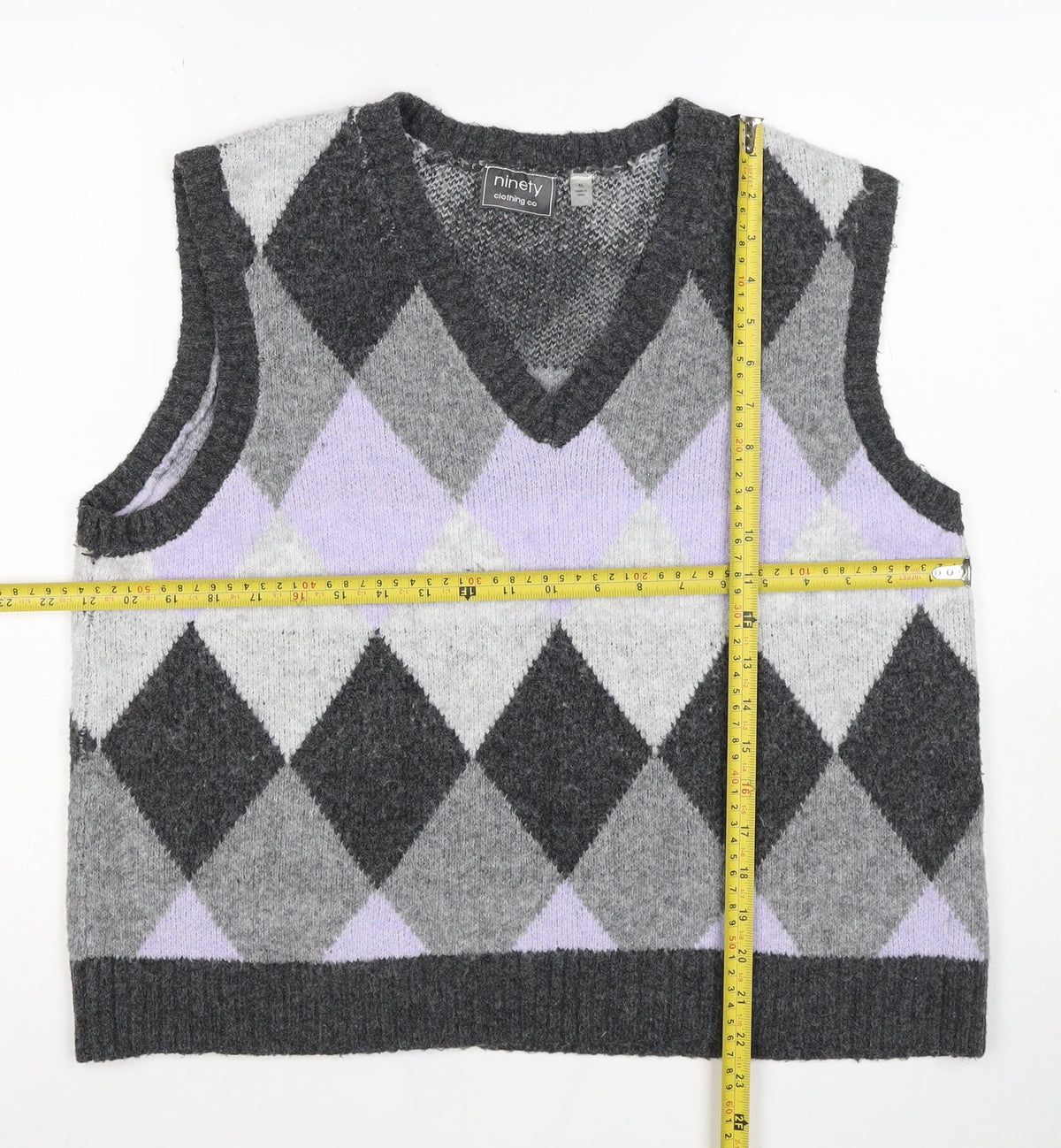 Ninety Clothing Co Women Grey Argyle Knit Vest XL Sleeveless Jumper