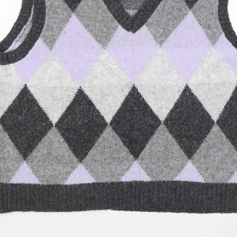 Ninety Clothing Co Women Grey Argyle Knit Vest XL Sleeveless Jumper