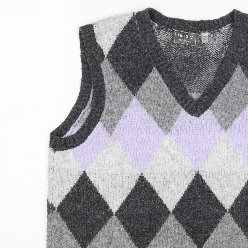 Ninety Clothing Co Women Grey Argyle Knit Vest XL Sleeveless Jumper
