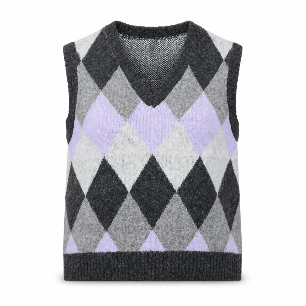 Ninety Clothing Co Women Grey Argyle Knit Vest XL Sleeveless Jumper