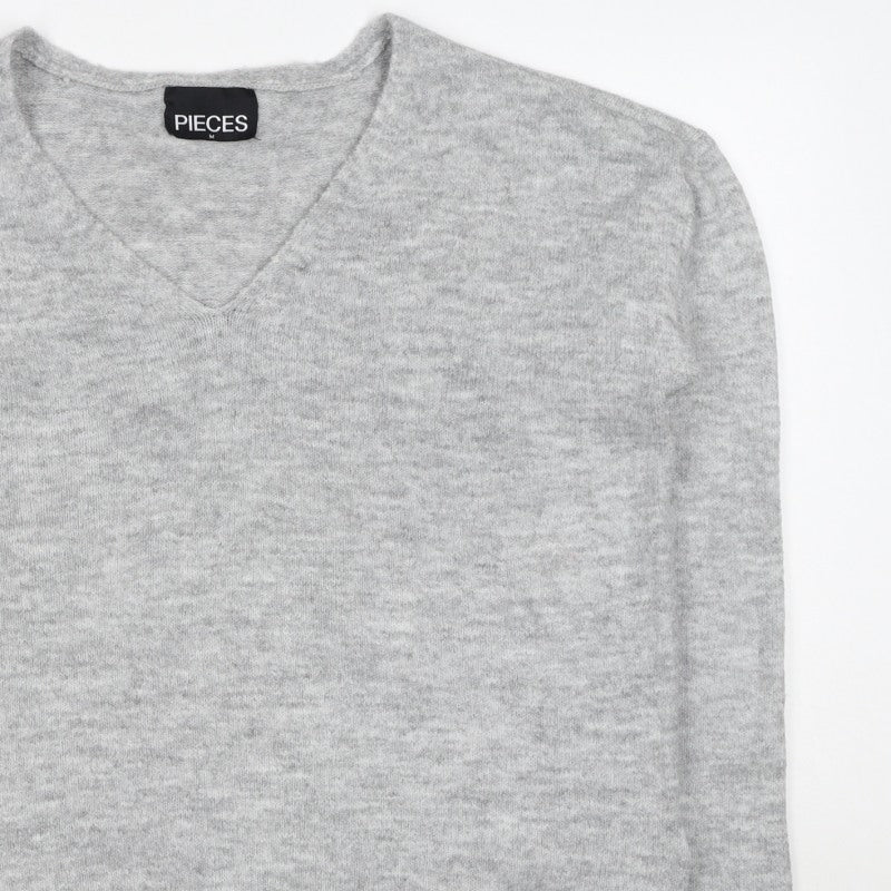 PIECES Women's Grey M V-Neck Knit Pullover Jumper