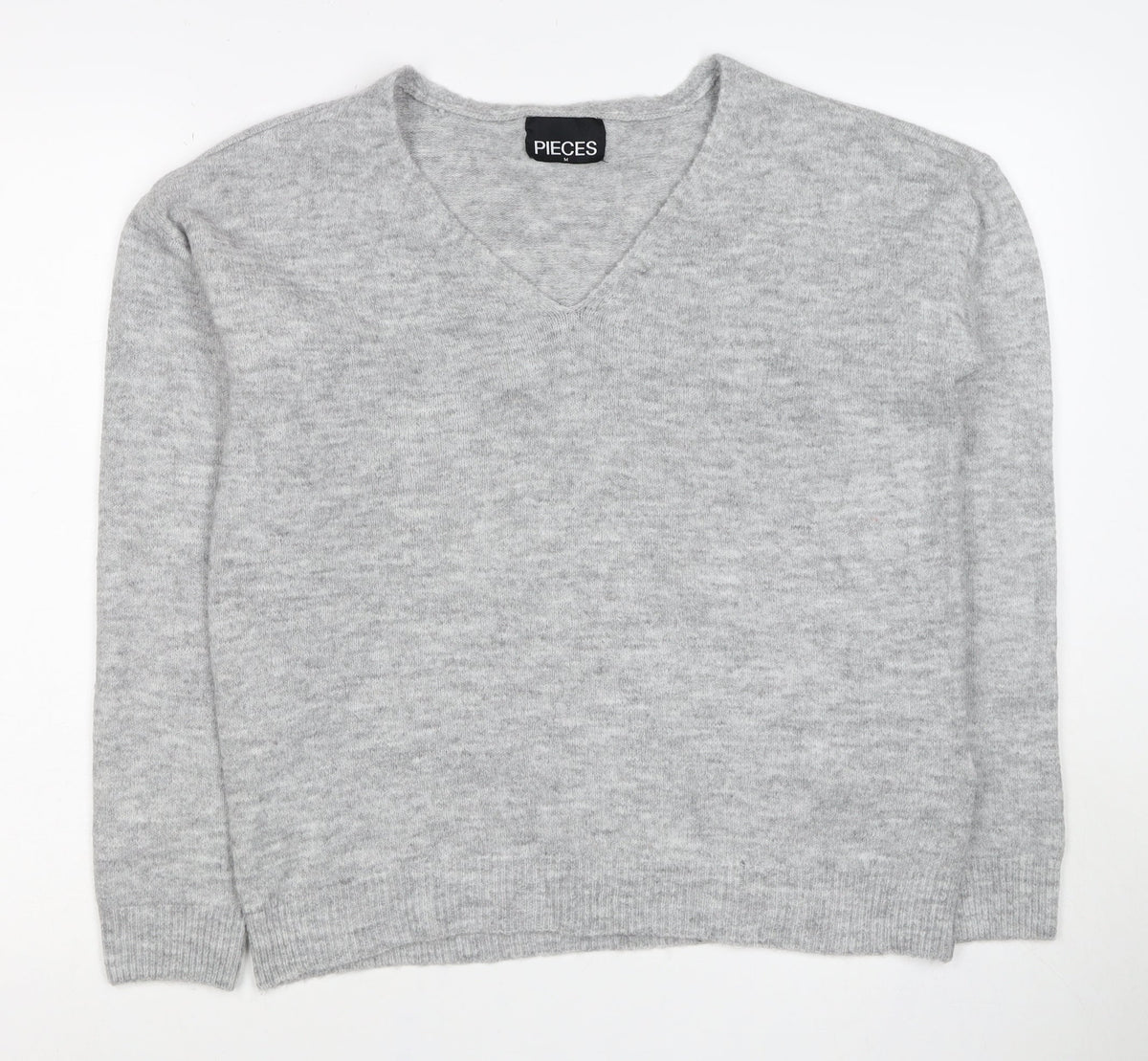 PIECES Women's Grey M V-Neck Knit Pullover Jumper
