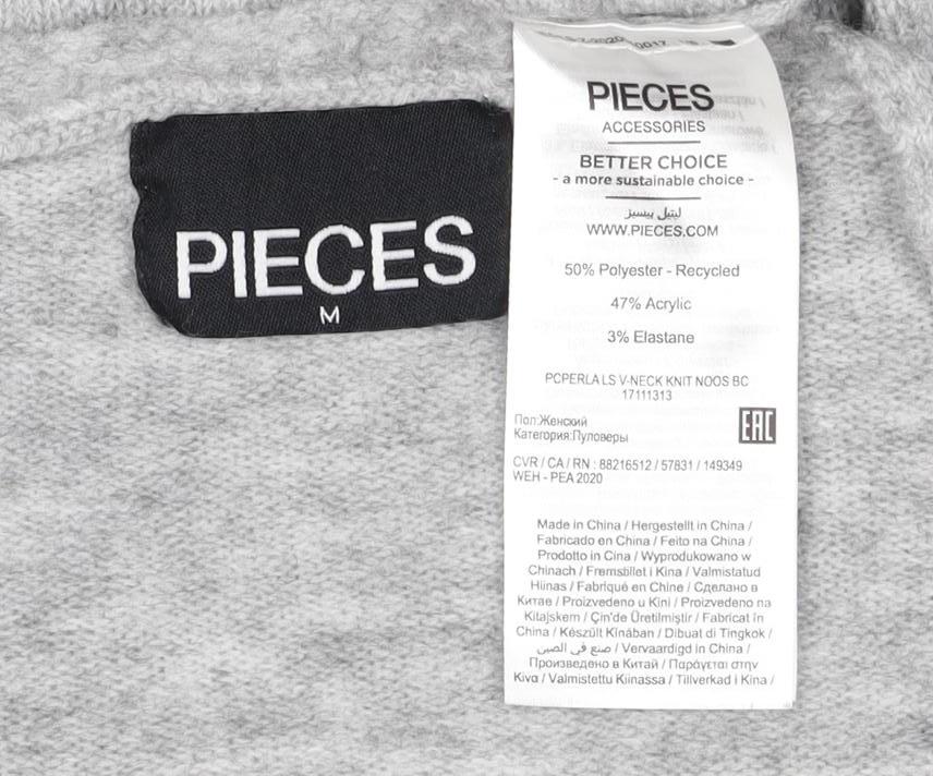 PIECES Women's Grey M V-Neck Knit Pullover Jumper