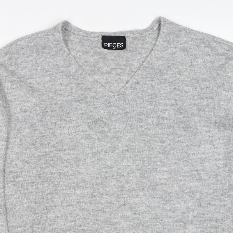 PIECES Women's Grey M V-Neck Knit Pullover Jumper