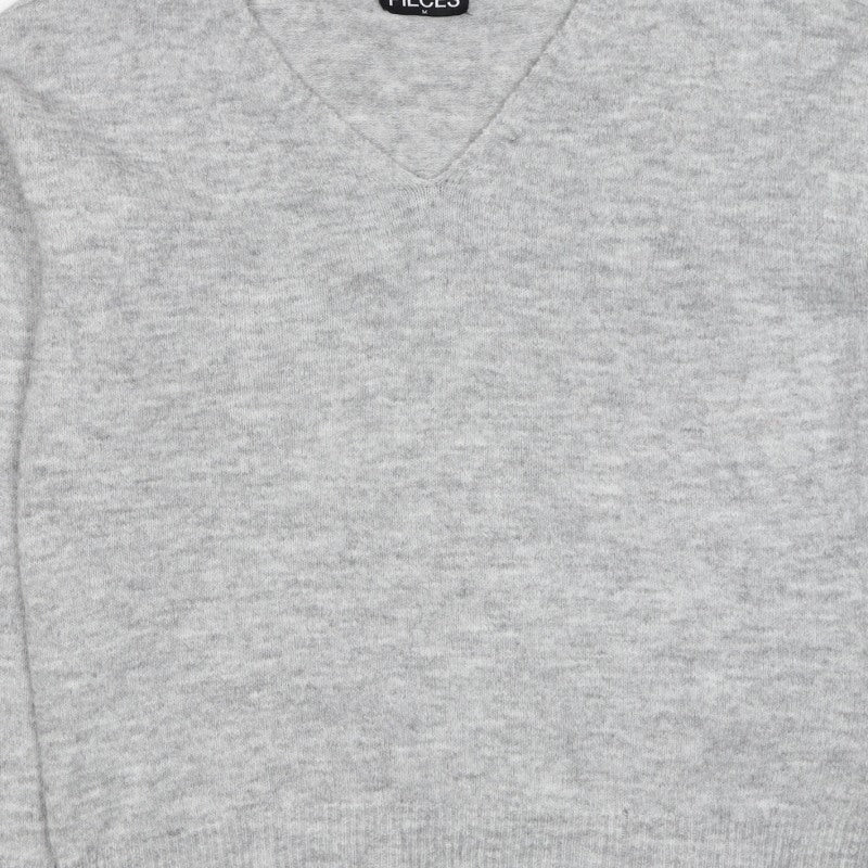 PIECES Women's Grey M V-Neck Knit Pullover Jumper