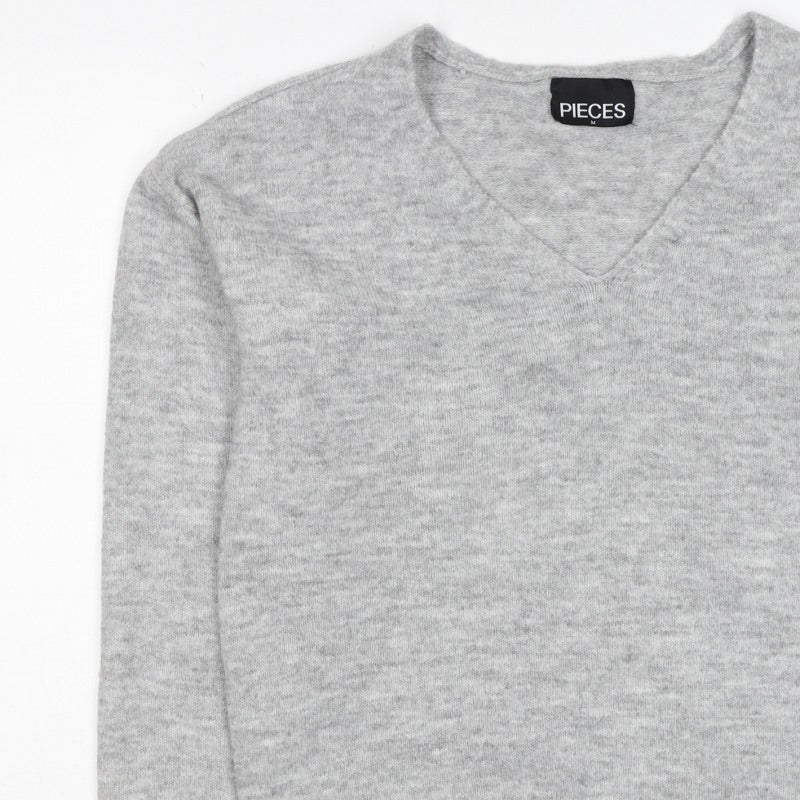 PIECES Women's Grey M V-Neck Knit Pullover Jumper