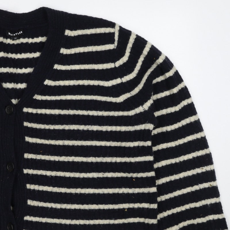 Whistles Women Black M Wool Blend Striped V-Neck Button Cardigan