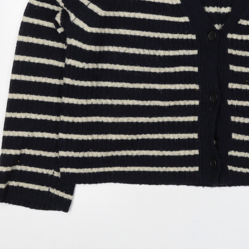 Whistles Women Black M Wool Blend Striped V-Neck Button Cardigan