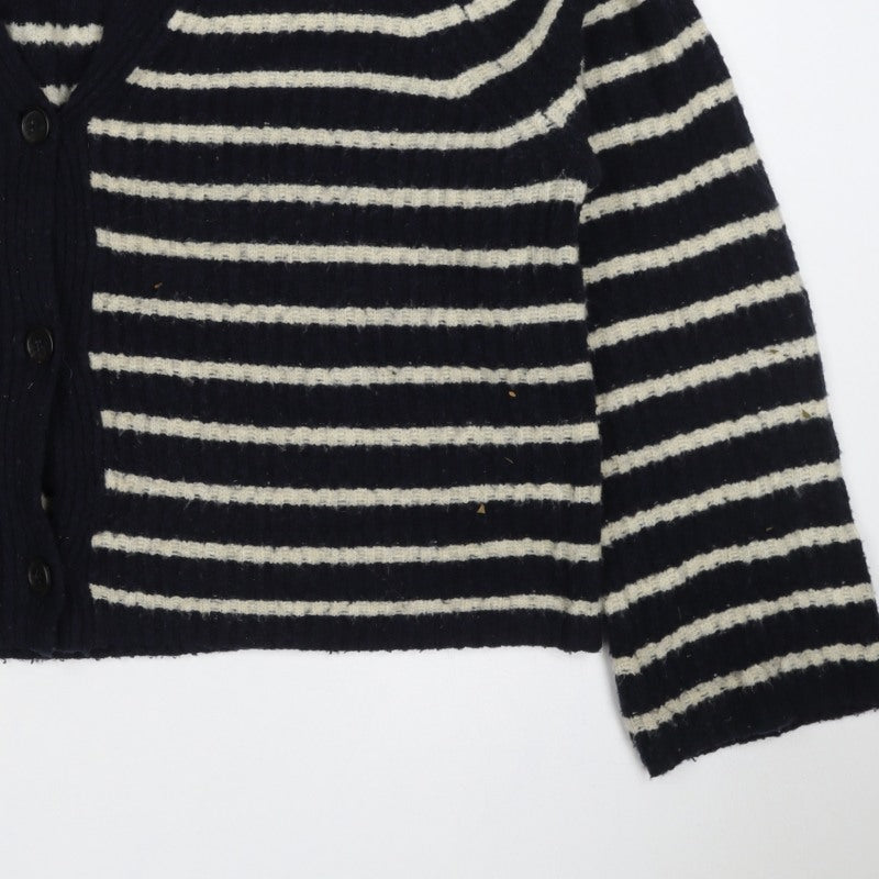 Whistles Women Black M Wool Blend Striped V-Neck Button Cardigan