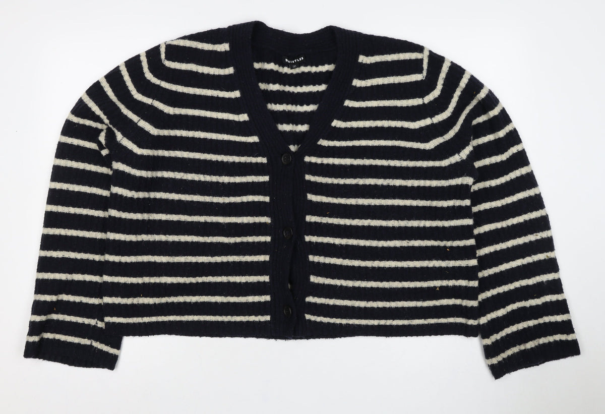 Whistles Women Black M Wool Blend Striped V-Neck Button Cardigan