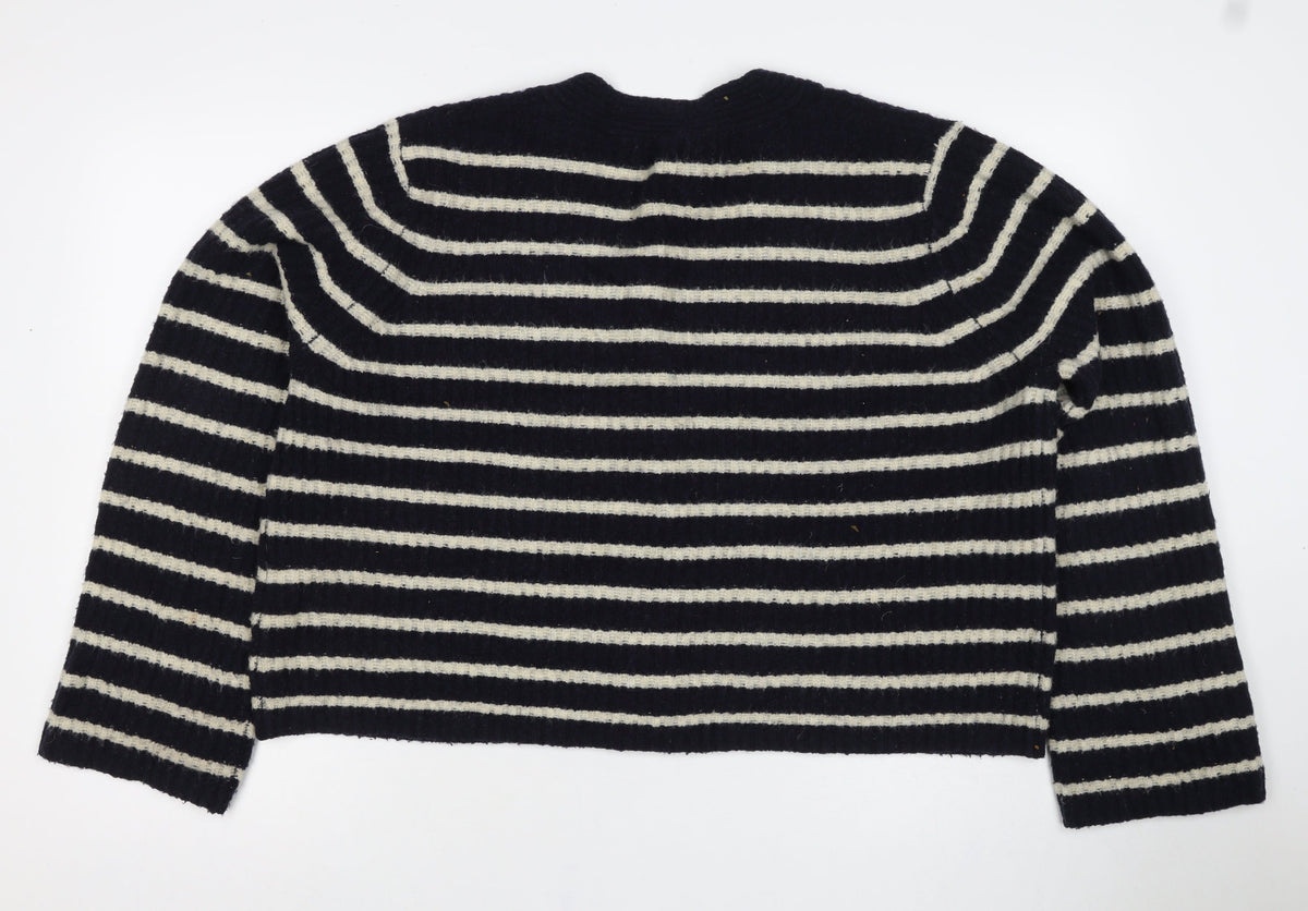 Whistles Women Black M Wool Blend Striped V-Neck Button Cardigan