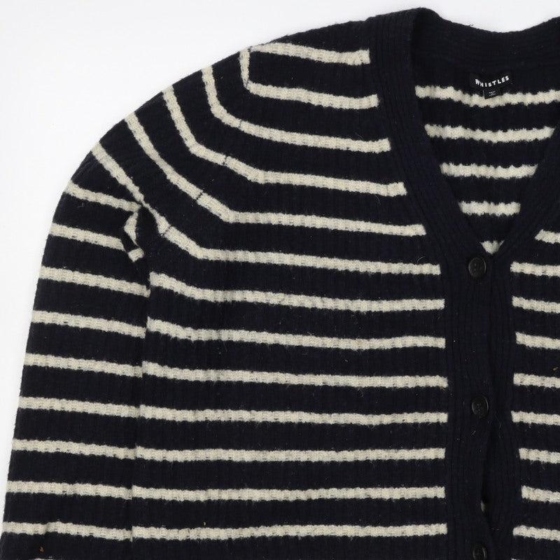 Whistles Women Black M Wool Blend Striped V-Neck Button Cardigan