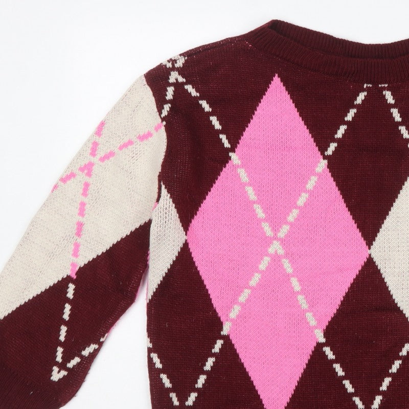 Miss Selfridge Women Multicoloured Size 12 Argyle Crew Neck Jumper