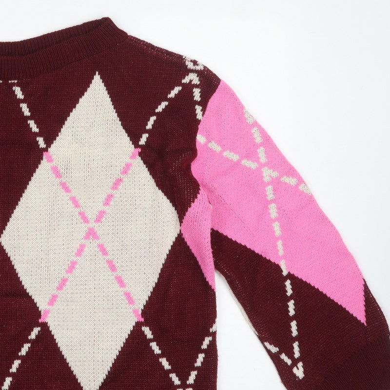 Miss Selfridge Women Multicoloured Size 12 Argyle Crew Neck Jumper