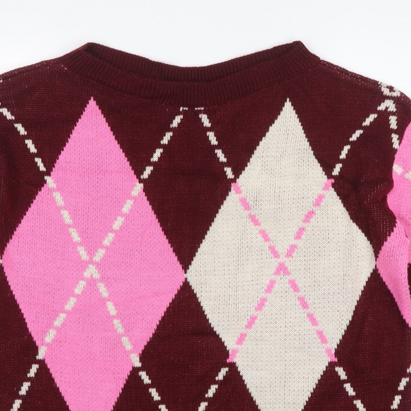 Miss Selfridge Women Multicoloured Size 12 Argyle Crew Neck Jumper