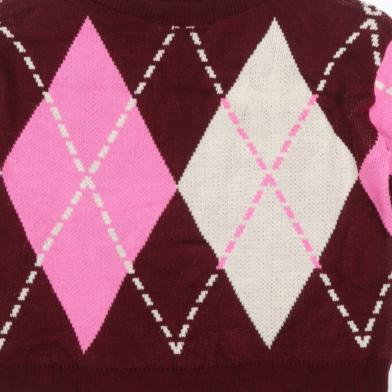 Miss Selfridge Women Multicoloured Size 12 Argyle Crew Neck Jumper