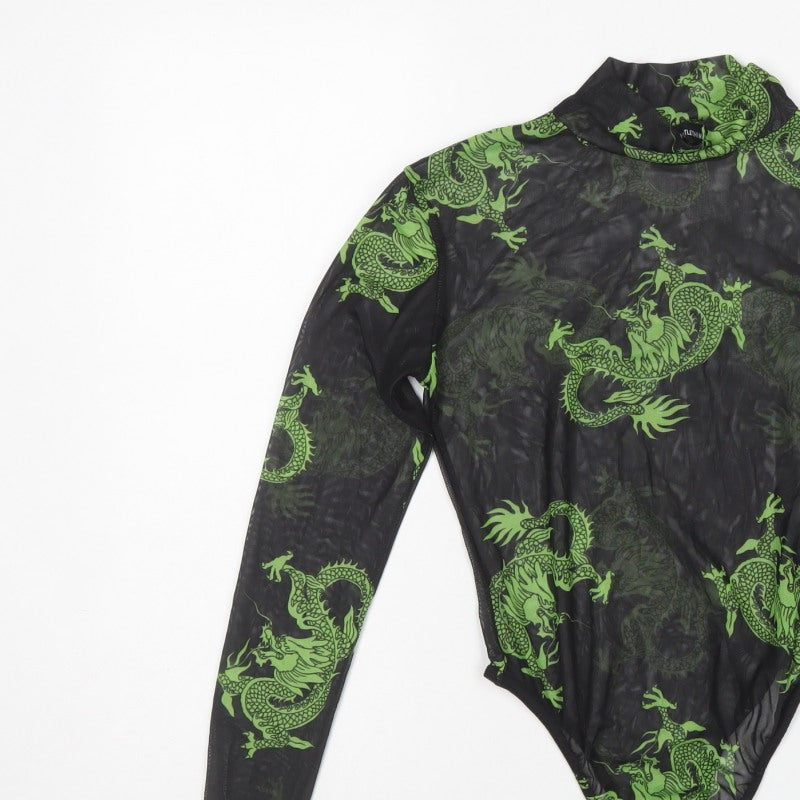 PrettyLittleThing Women Black Green Dragon Mesh Bodysuit UK 10