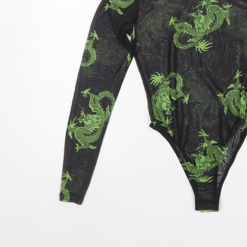 PrettyLittleThing Women Black Green Dragon Mesh Bodysuit UK 10