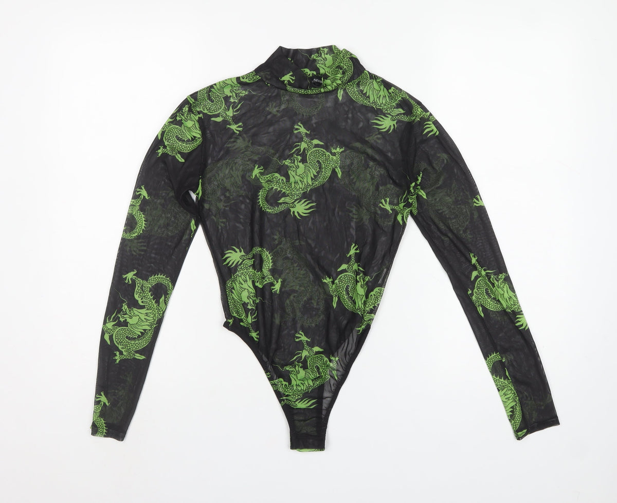 PrettyLittleThing Women Black Green Dragon Mesh Bodysuit UK 10