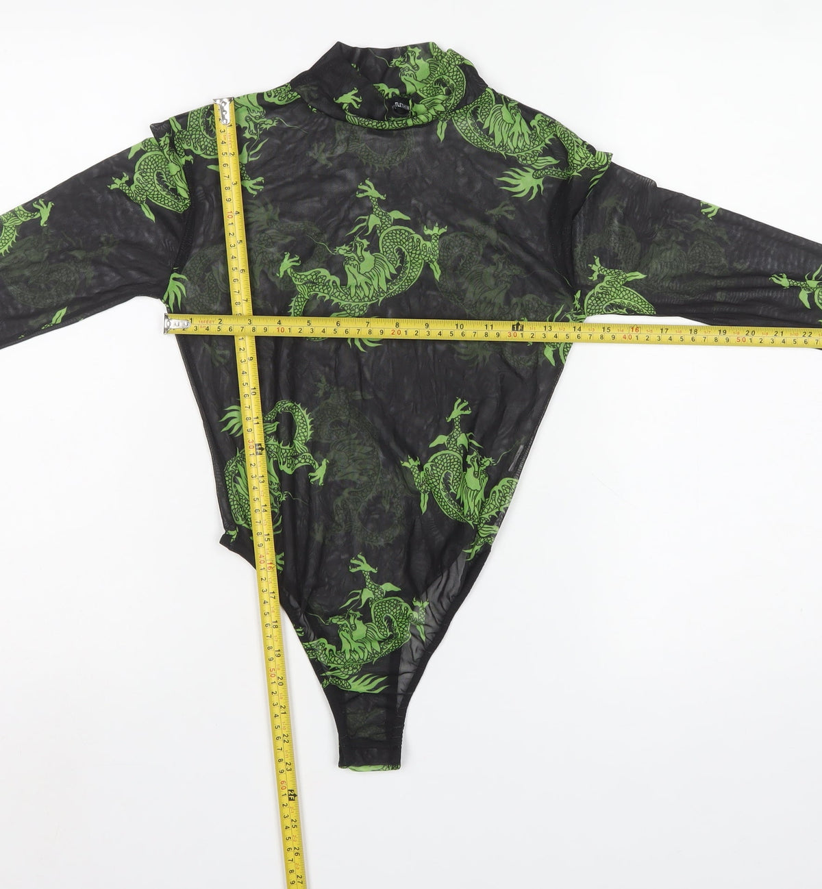 PrettyLittleThing Women Black Green Dragon Mesh Bodysuit UK 10
