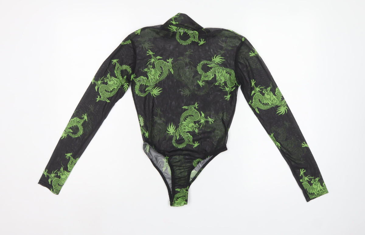 PrettyLittleThing Women Black Green Dragon Mesh Bodysuit UK 10