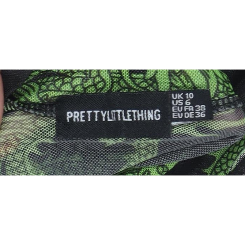 PrettyLittleThing Women Black Green Dragon Mesh Bodysuit UK 10
