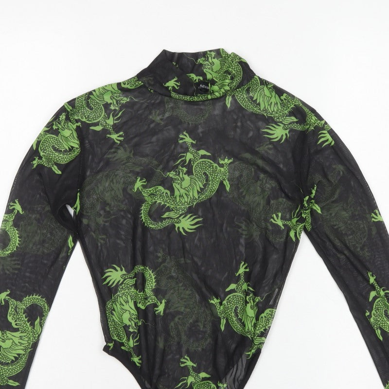 PrettyLittleThing Women Black Green Dragon Mesh Bodysuit UK 10