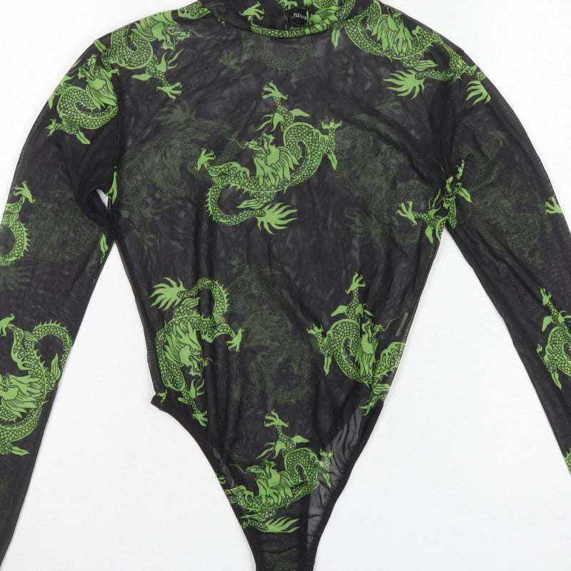 PrettyLittleThing Women Black Green Dragon Mesh Bodysuit UK 10