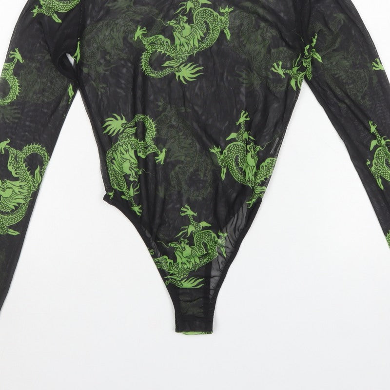 PrettyLittleThing Women Black Green Dragon Mesh Bodysuit UK 10