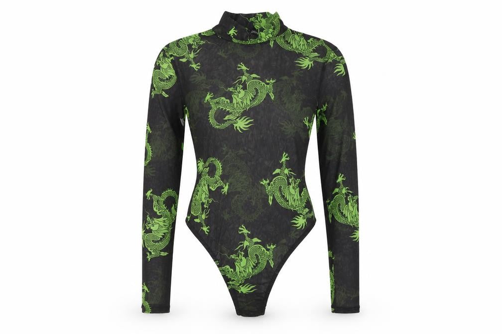 PrettyLittleThing Women Black Green Dragon Mesh Bodysuit UK 10