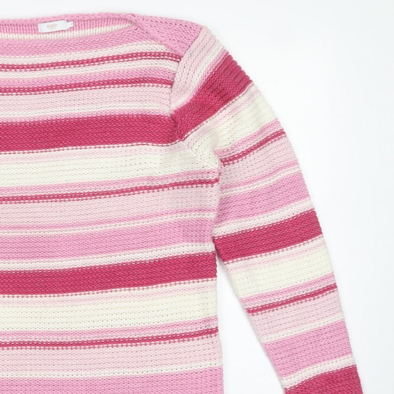 Cotton Traders Women Pink Striped Chunky Knit Pullover Jumper UK 16