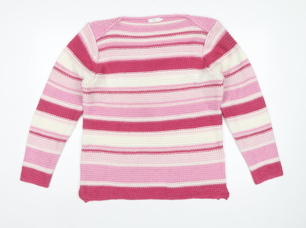 Cotton Traders Women Pink Striped Chunky Knit Pullover Jumper UK 16