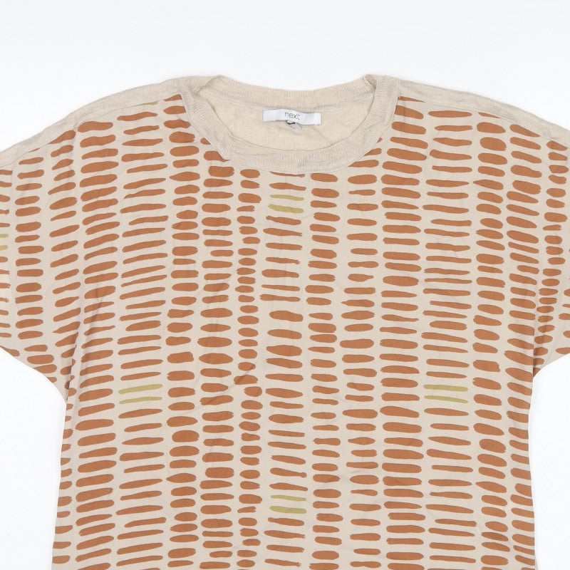 Next Women Beige Brown Geometric Short Sleeve Lightweight Top Size S