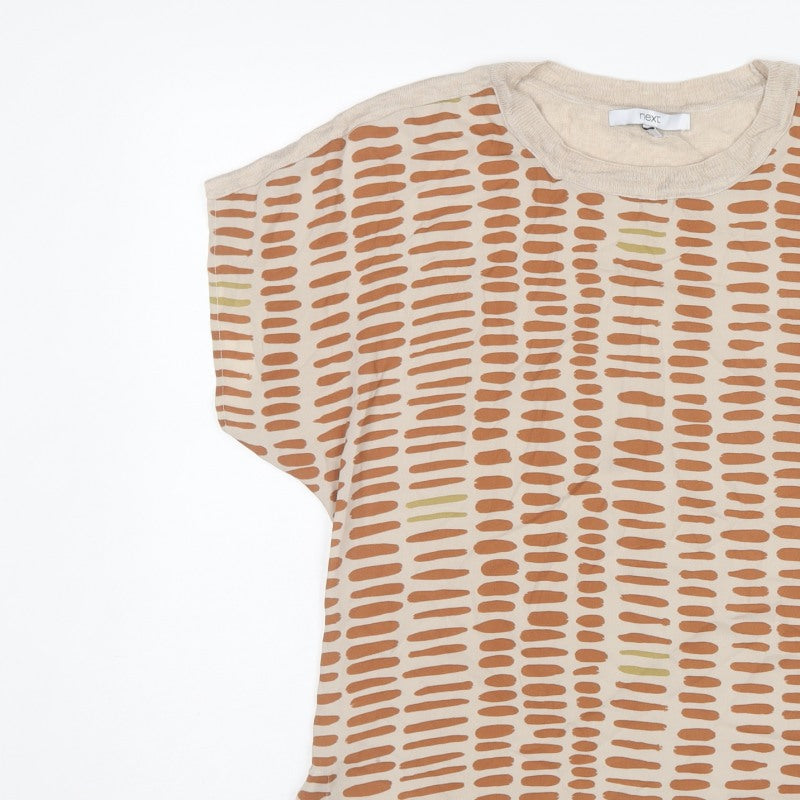 Next Women Beige Brown Geometric Short Sleeve Lightweight Top Size S