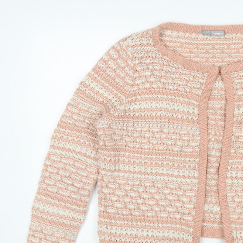 Marks & Spencer Women Pink UK 14 Open Knit Striped Cardigan