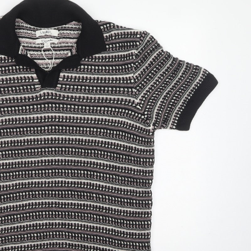 Marks & Spencer Men Black M Striped Collared Cotton Blend Knit Jumper
