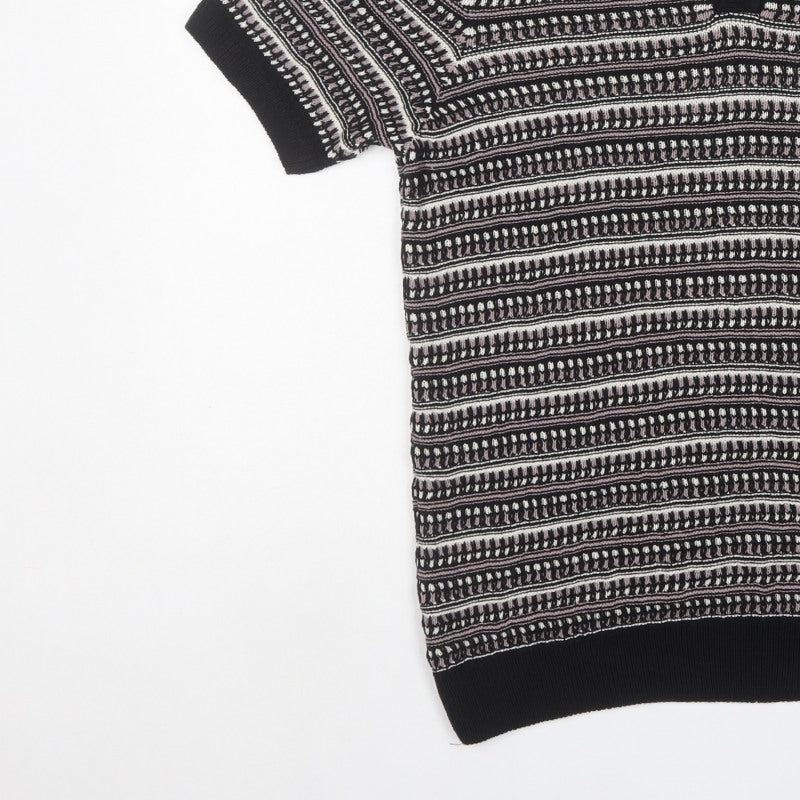 Marks & Spencer Men Black M Striped Collared Cotton Blend Knit Jumper