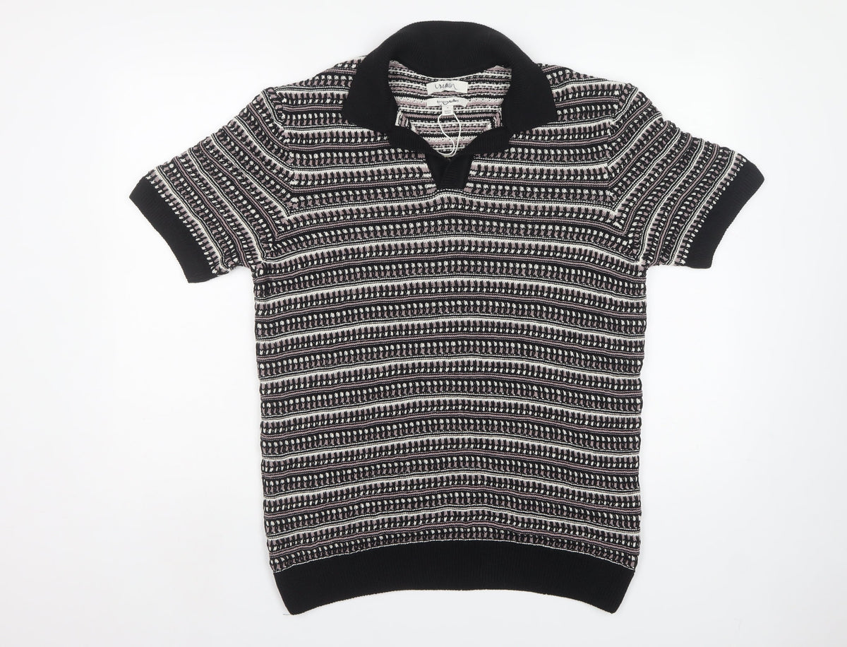 Marks & Spencer Men Black M Striped Collared Cotton Blend Knit Jumper
