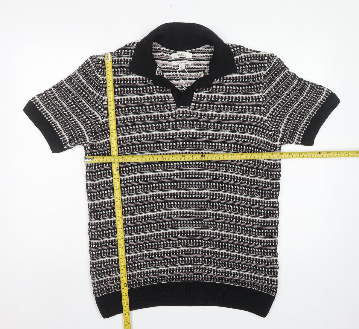 Marks & Spencer Men Black M Striped Collared Cotton Blend Knit Jumper