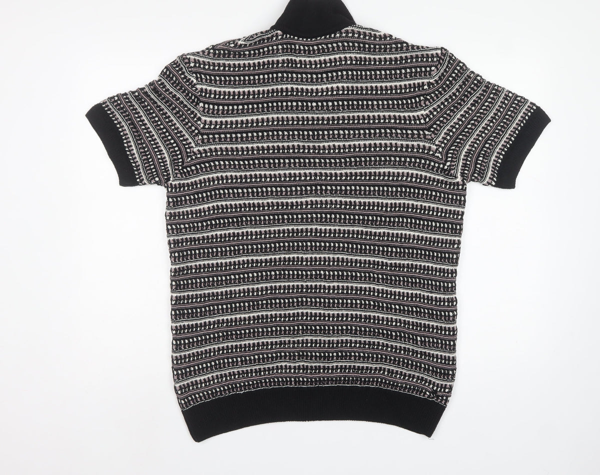 Marks & Spencer Men Black M Striped Collared Cotton Blend Knit Jumper