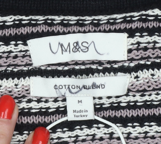 Marks & Spencer Men Black M Striped Collared Cotton Blend Knit Jumper