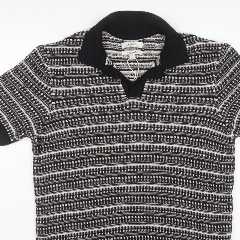 Marks & Spencer Men Black M Striped Collared Cotton Blend Knit Jumper