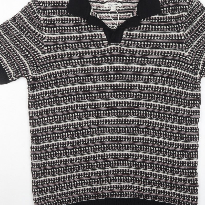 Marks & Spencer Men Black M Striped Collared Cotton Blend Knit Jumper