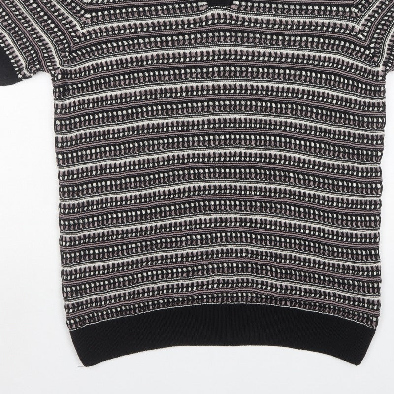 Marks & Spencer Men Black M Striped Collared Cotton Blend Knit Jumper