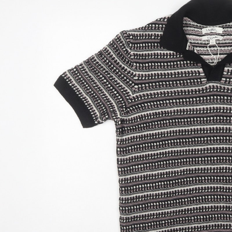 Marks & Spencer Men Black M Striped Collared Cotton Blend Knit Jumper
